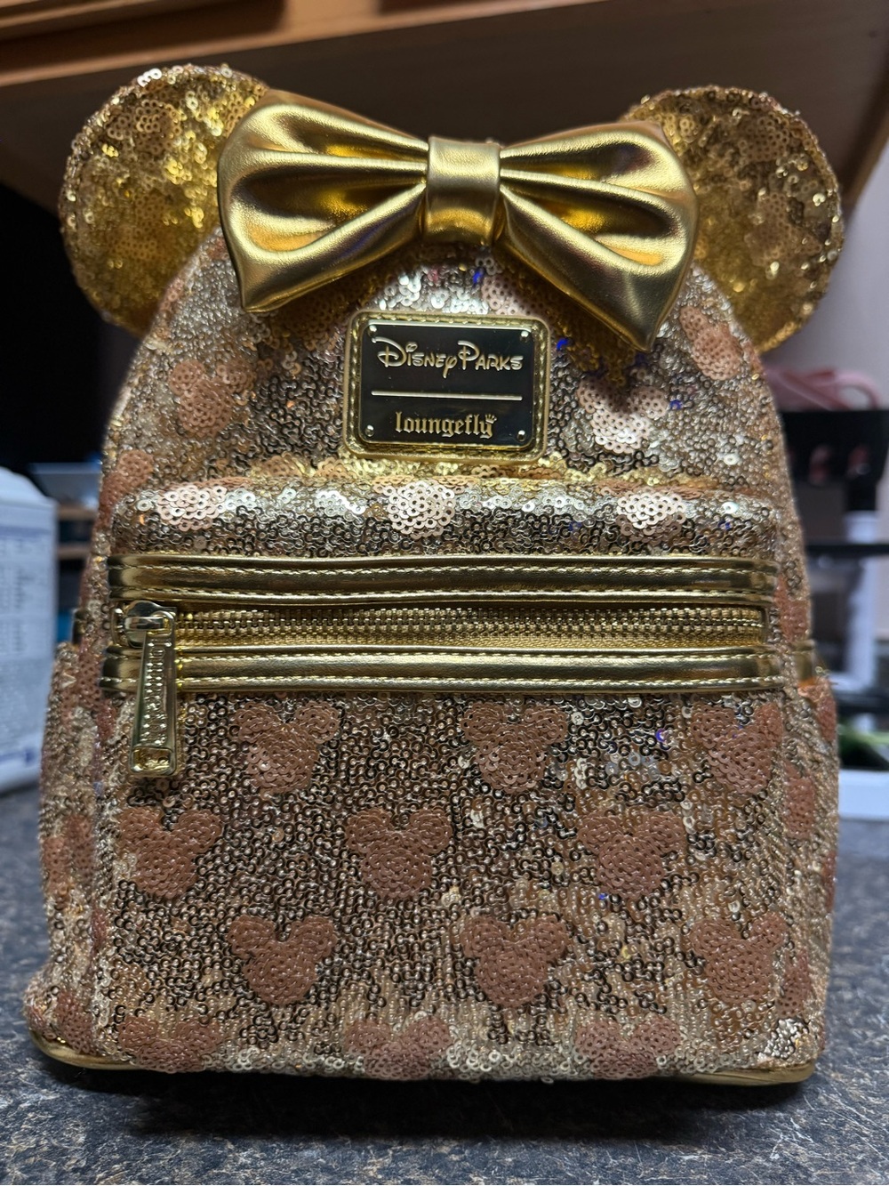 Disney Parks Loungefly Gold Sequin Mickey Ears Bow Mini Backpack NWT